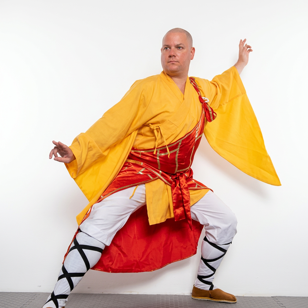 Kampfkünstler in Shaolin-Robe übt Kung Fu