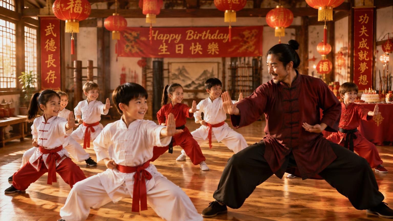 Kinder feiern einen Shaolin-Geburtstag im Dojo